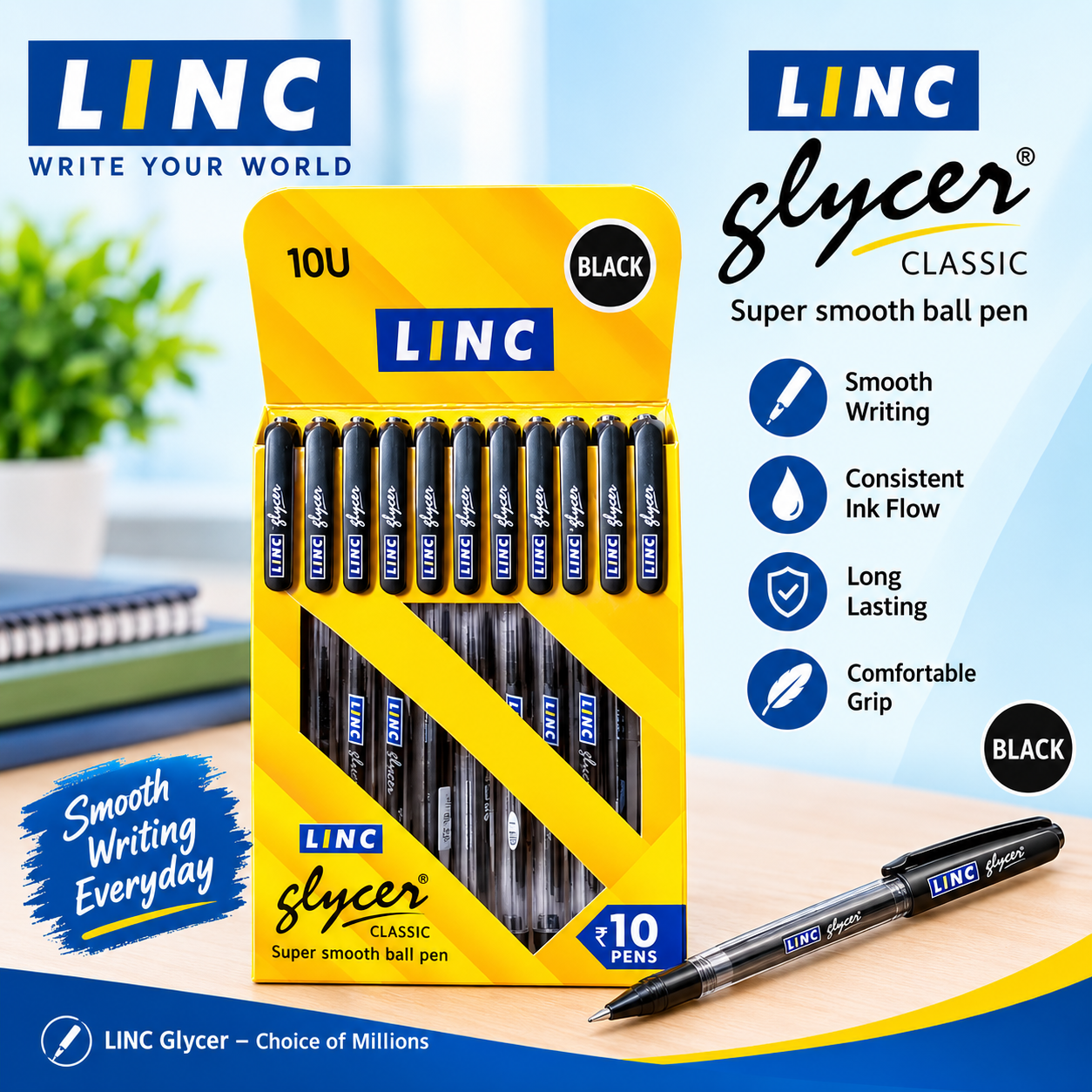 Linc Glycer Classic Black Ball Pen (10 Pcs Pack) — সুপার স্মুথ ও দীর্ঘস্থায়ী লেখার কালো বলপয়েন্ট কলম
