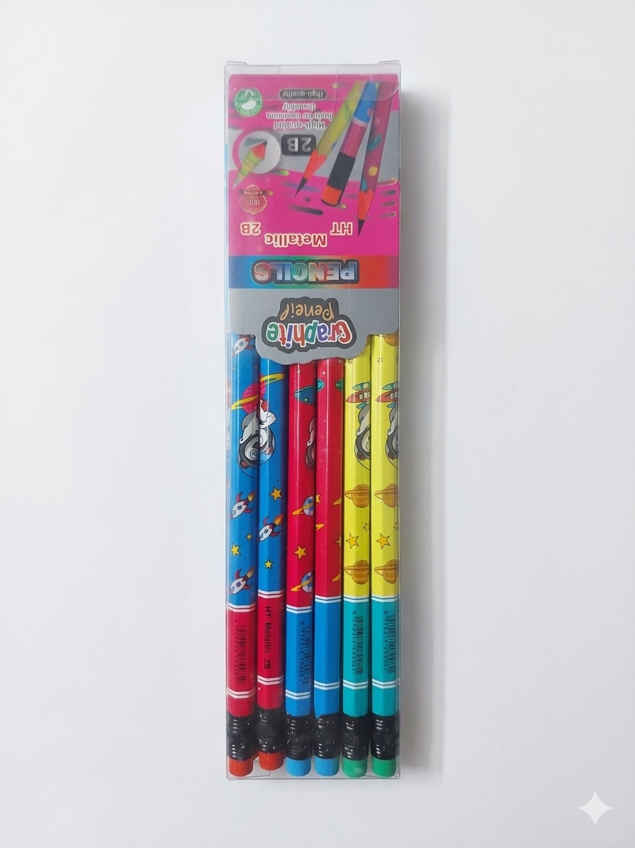HT Metallic 2B Graphite Pencil Set (12 Pieces Pack) - আকর্ষণীয় কার্টুন ও স্পেস ডিজাইন